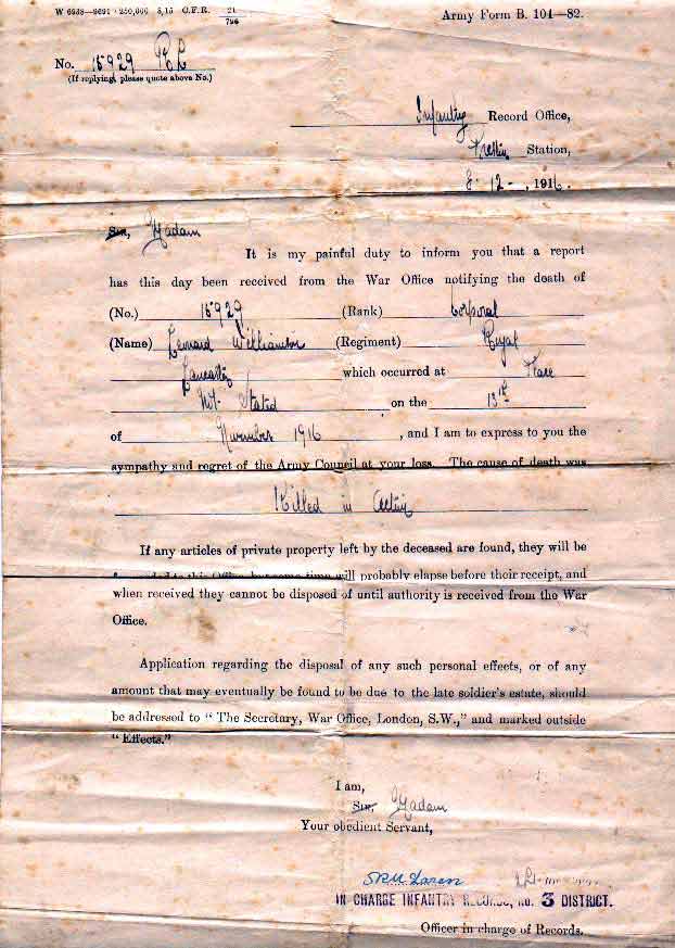 Official Death Notice from Great War
