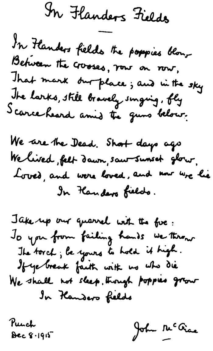 Handwritten poem In Flanders Fields by John McCrae
