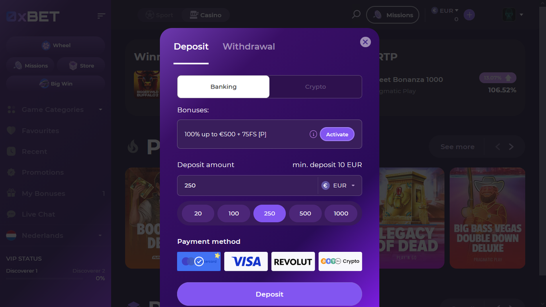 Deposits, withdrawals and limits at 0x Bet