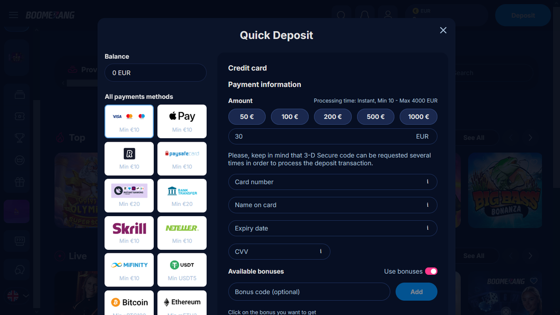 Deposits, Withdrawals and Boomerang Bet Limits