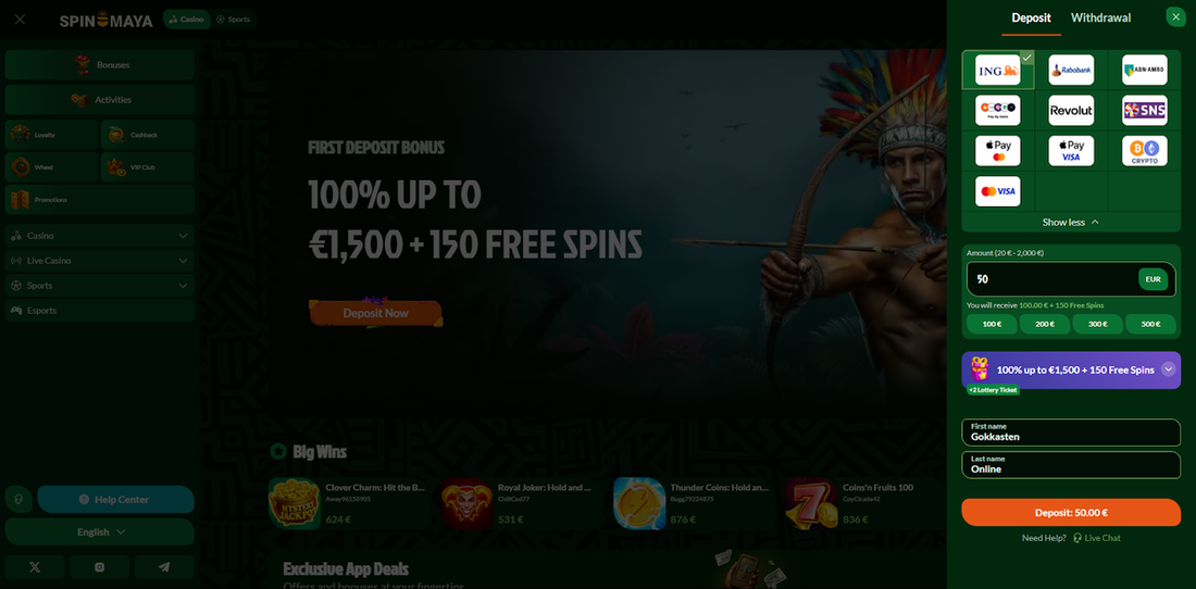 Deposits, withdrawals and Spinmaya limits